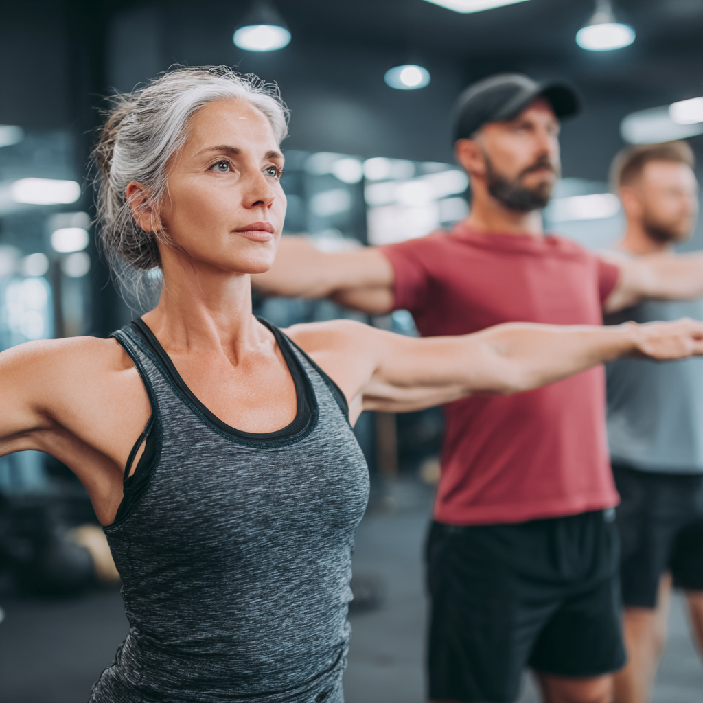 Adults of various ages from Romania engaged in heart rate-based fitness training with monitoring devices, smiling and showing determination during workout