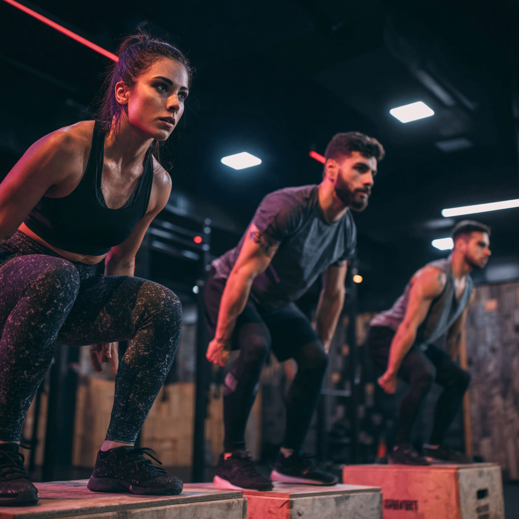 Romanian adults participating in Kinetiq-Flow methodology training session with heart rate monitors, focused on functional movement exercises